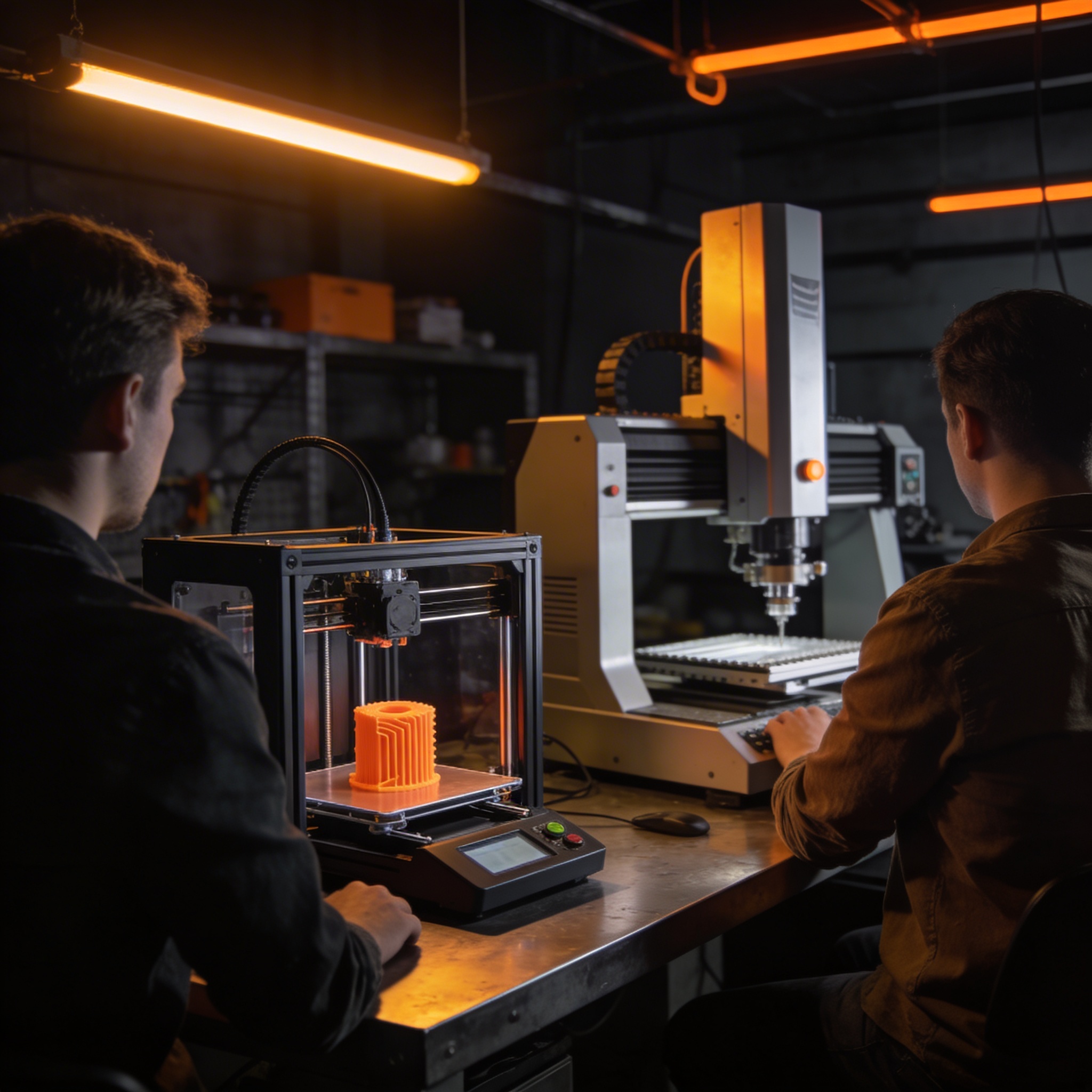 Two makers working in our workshop with 3D printer and CNC machine